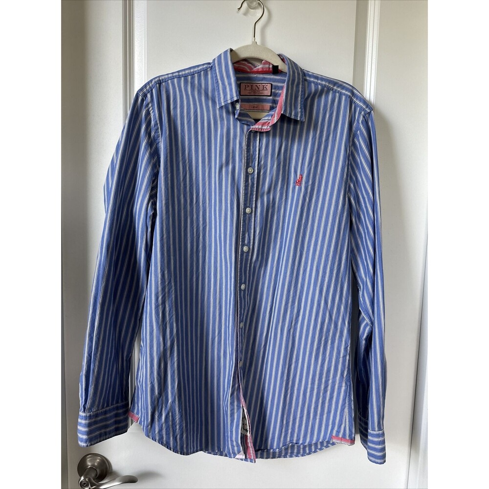 PINK by Thomas Pink Shirt Mens Medium Blue White Stripe Casual Button Front